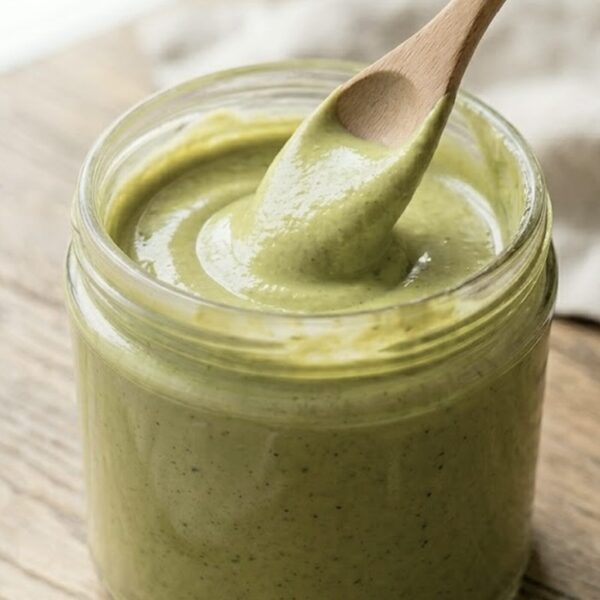 Pistachio cream in a glass jar with a spoon, showing the bright green smooth texture