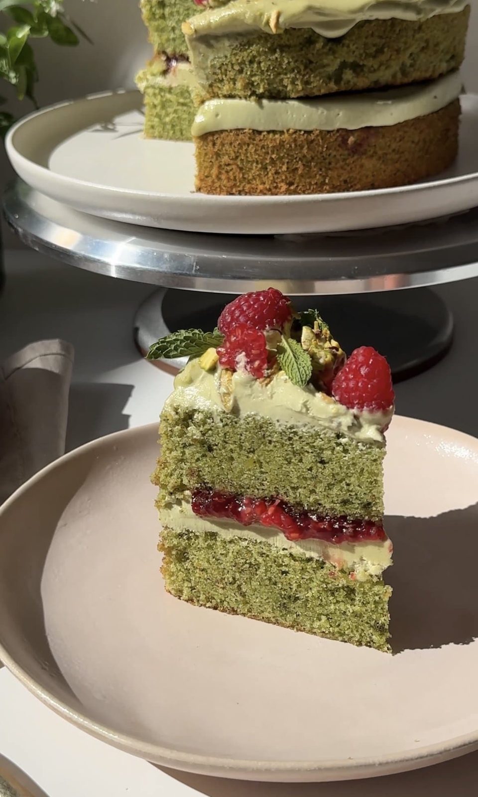 A slice of pistachio raspberry cake.
