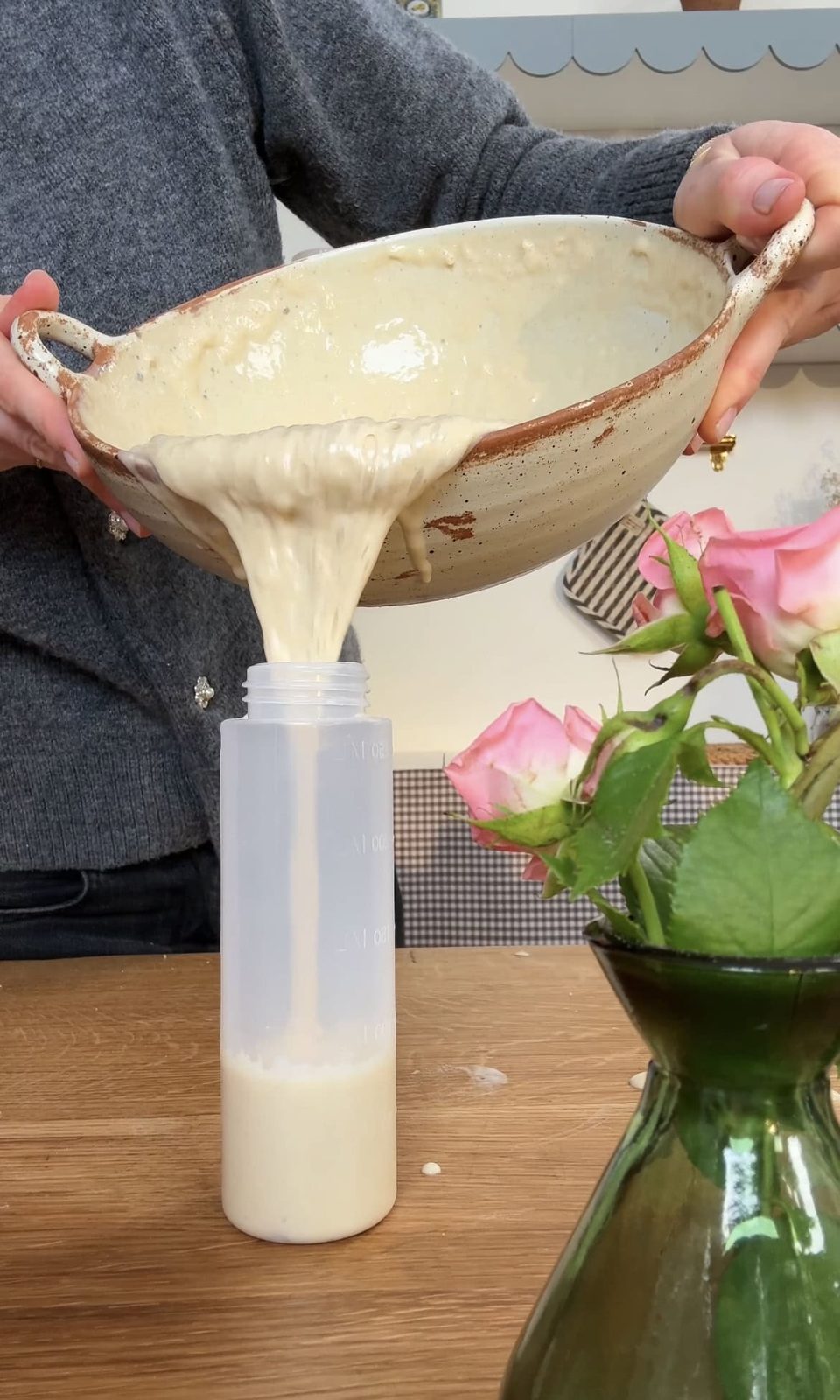 Pouring batter into squeeze bottle.