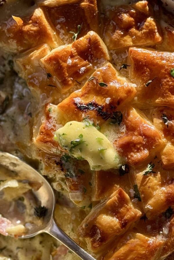 turkey ham pie with garlic butter.