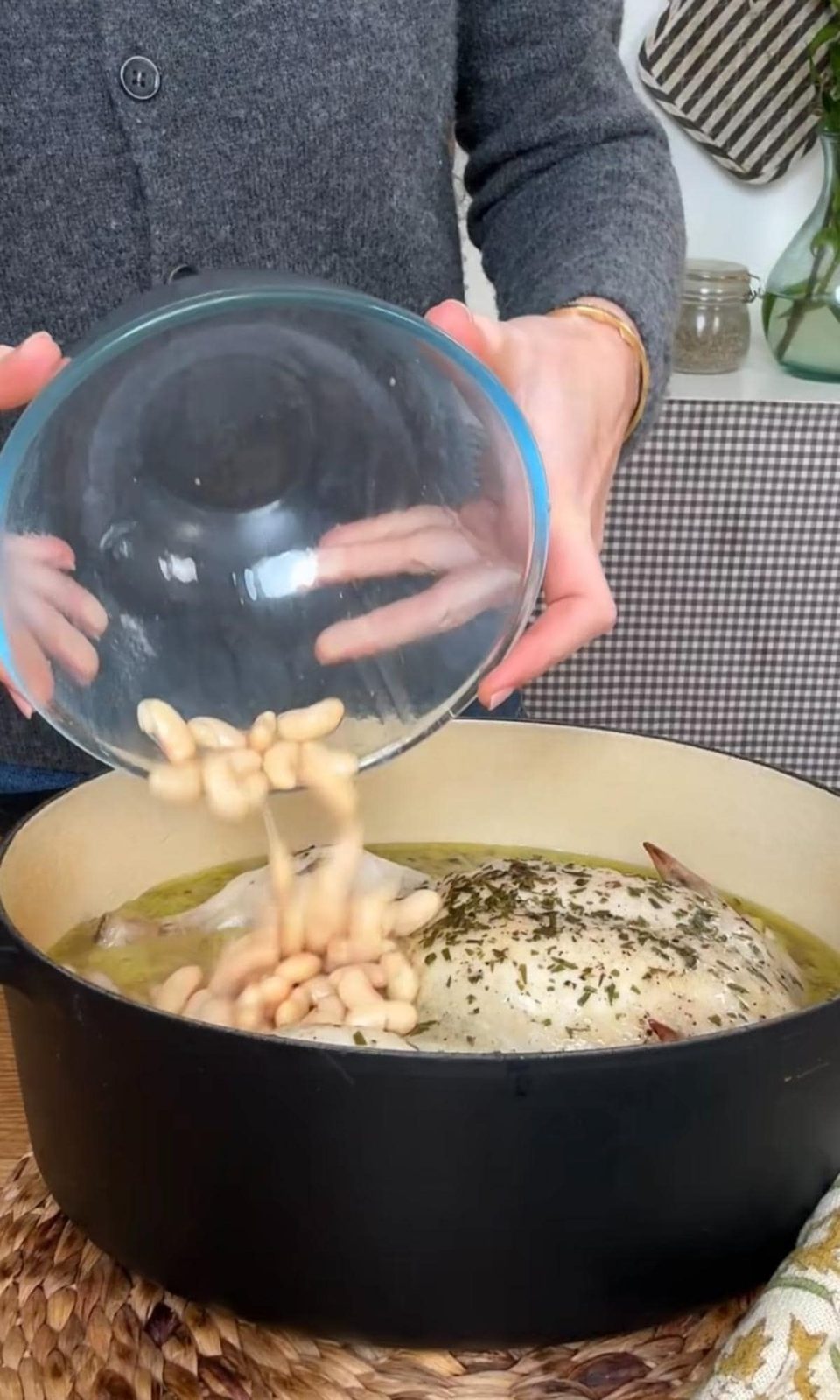 adding beans to poule au pot.