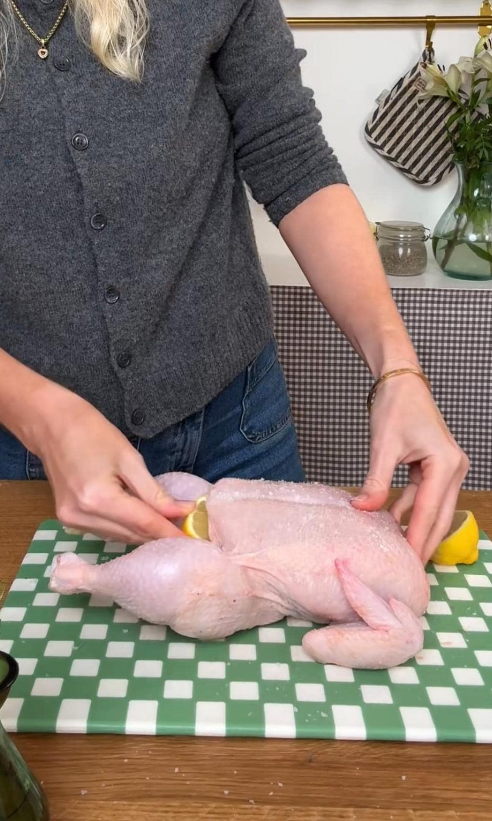 seasoning the chicken.