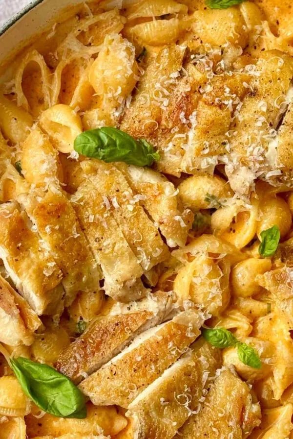 chicken garlic parmesan pasta in pan.