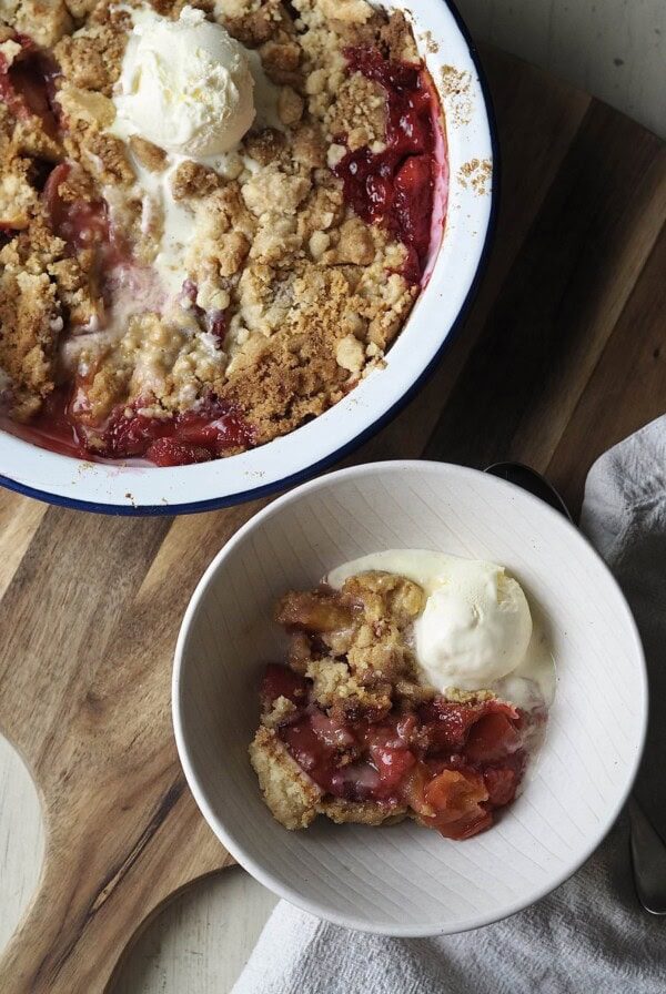 Peach Cobbler with Cake Mix in a white bowl