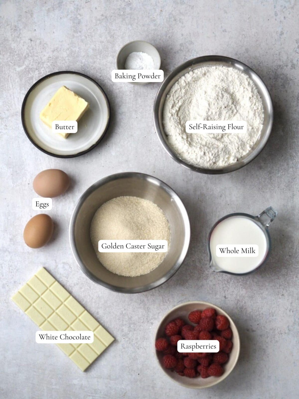 Ingredients to make the Raspberry White Chocolate Muffins.