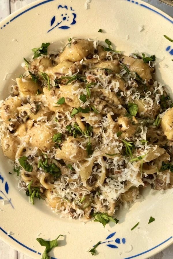 lentil ragu with pasta in a bowl.