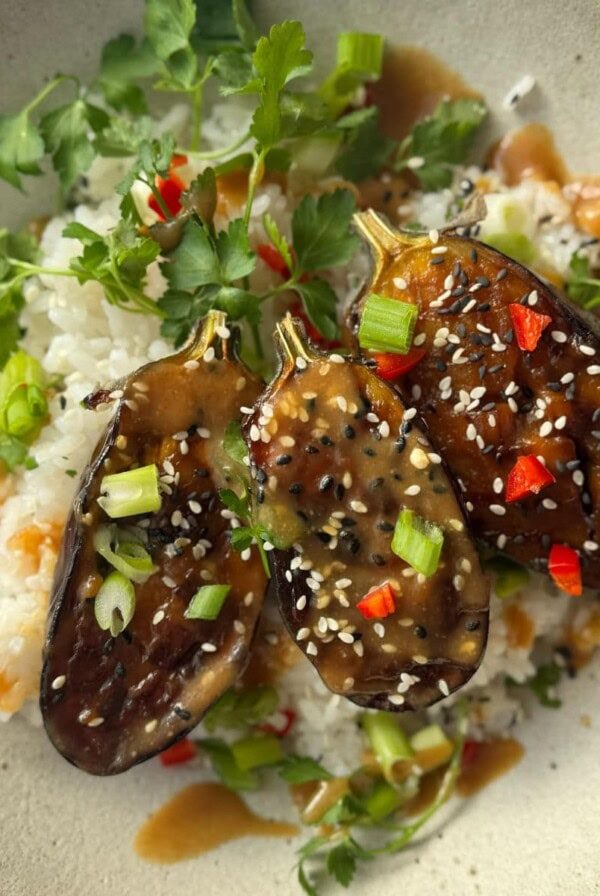miso aubergine in bowl with rice.