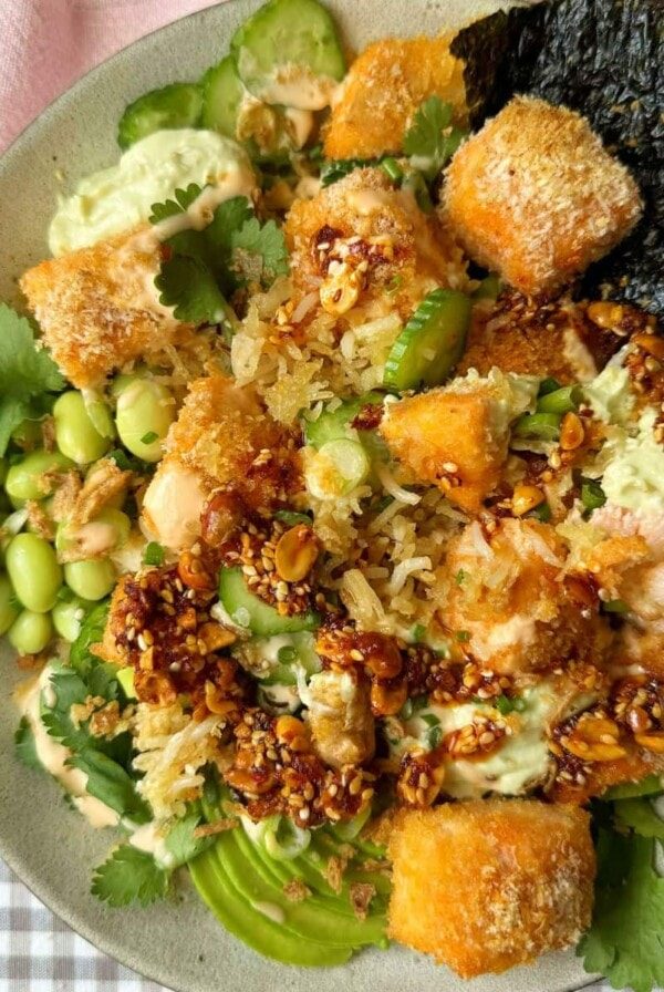 Crunchy Salmon Roll (in a bowl) with edamame and chilli oil.