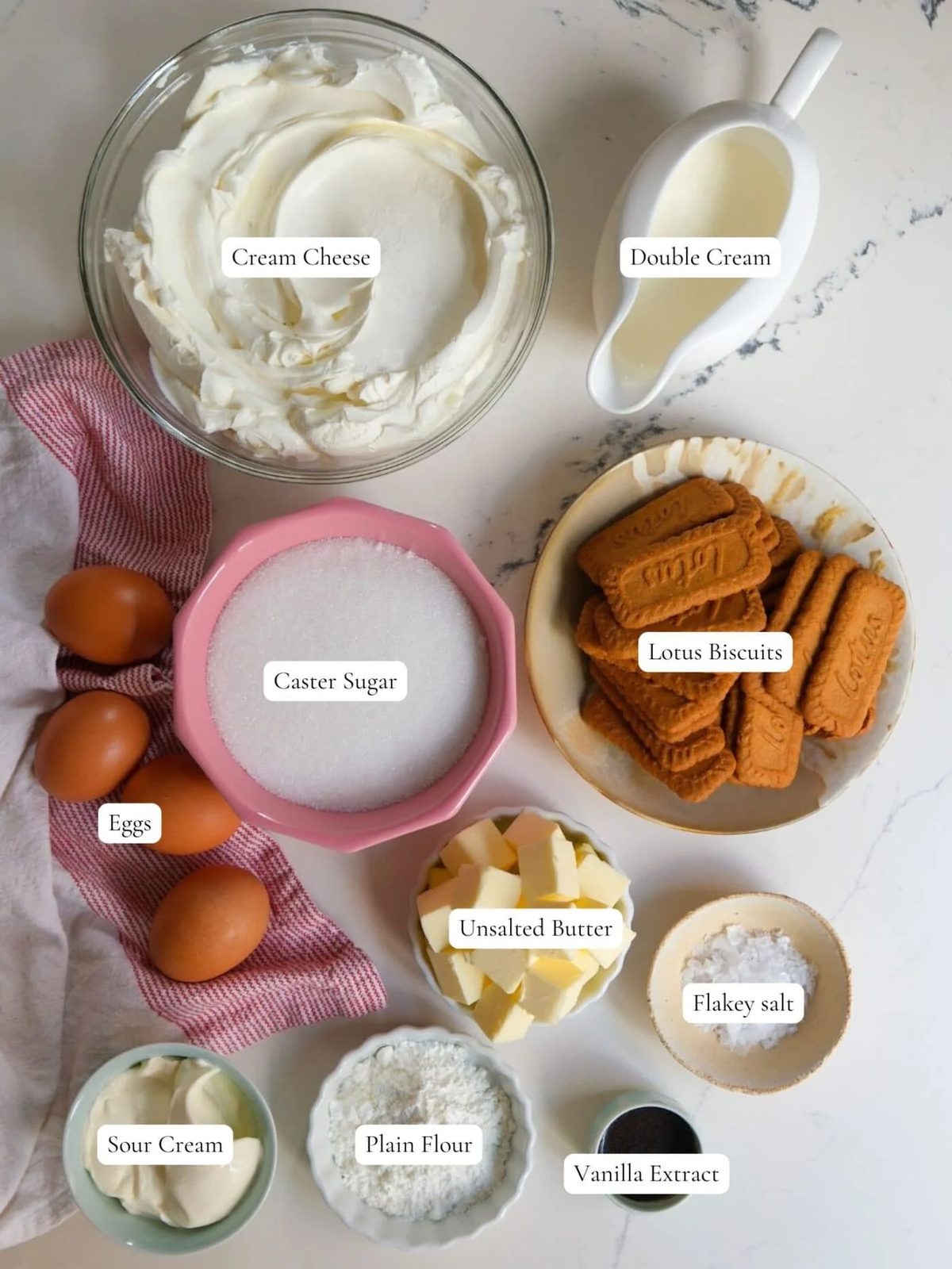 labelled ingredients to make salted caramel cheesecake.