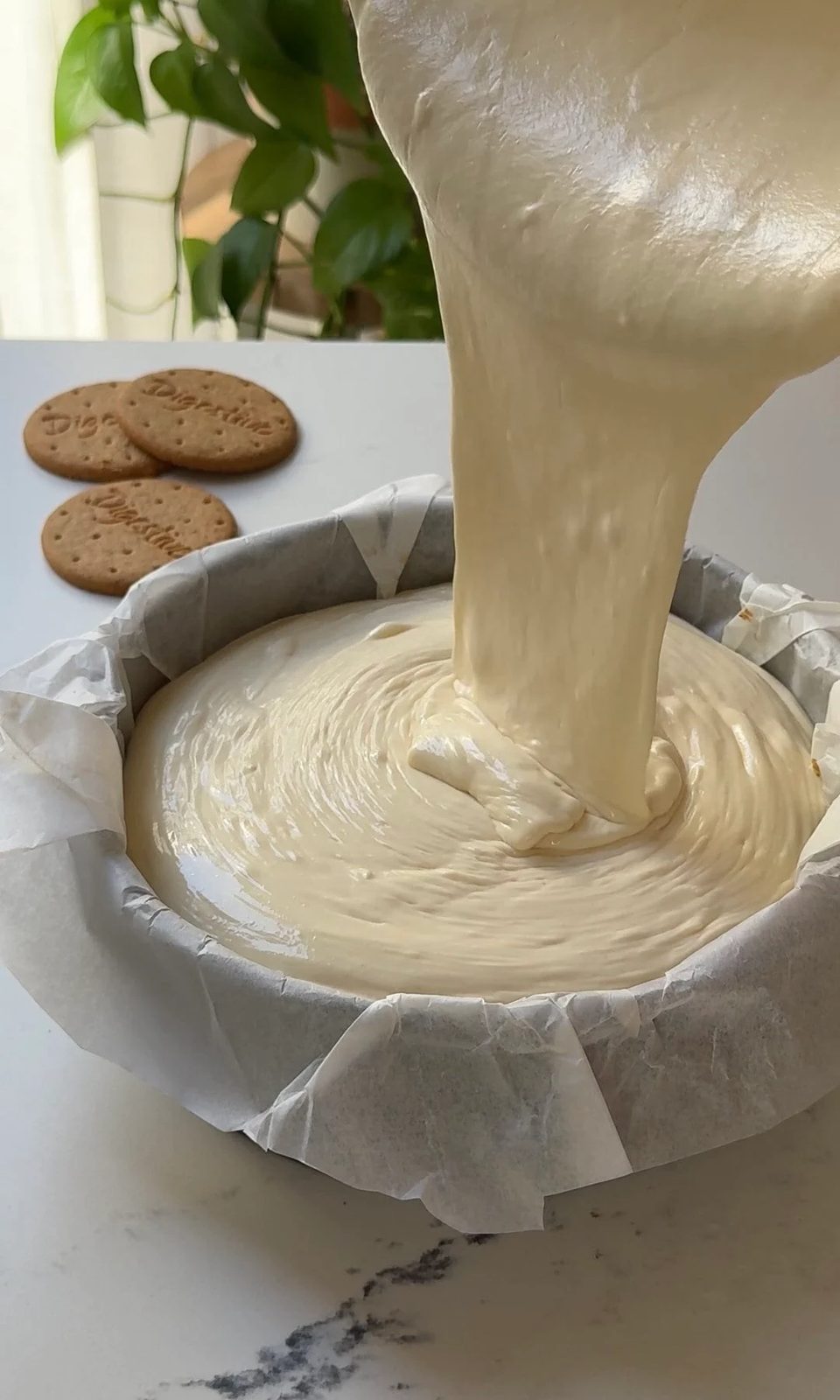 pouring the cheesecake onto the biscuit base.
