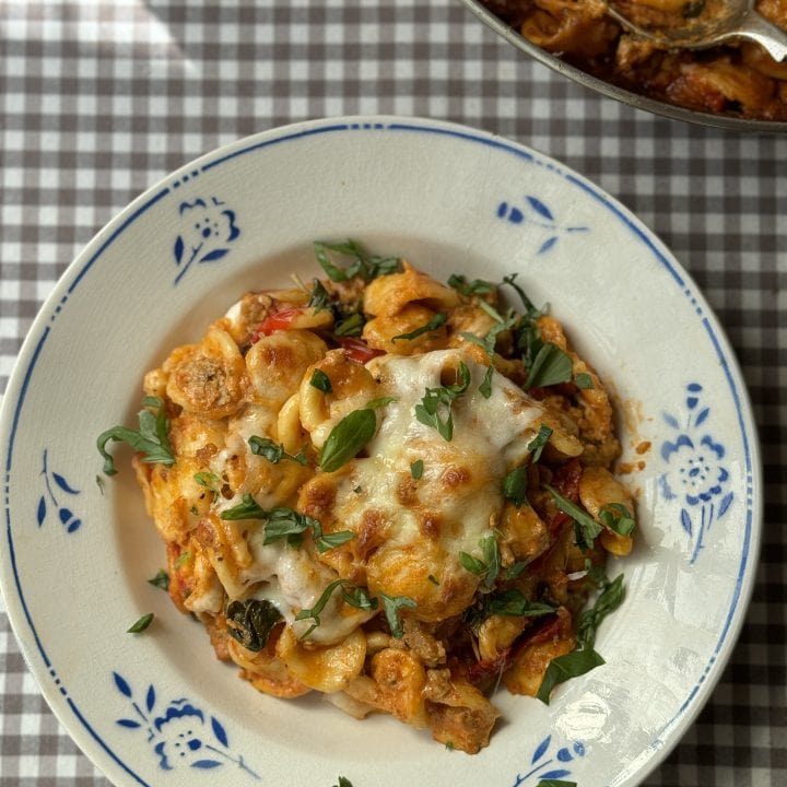 sausage pasta bake in a bowl/