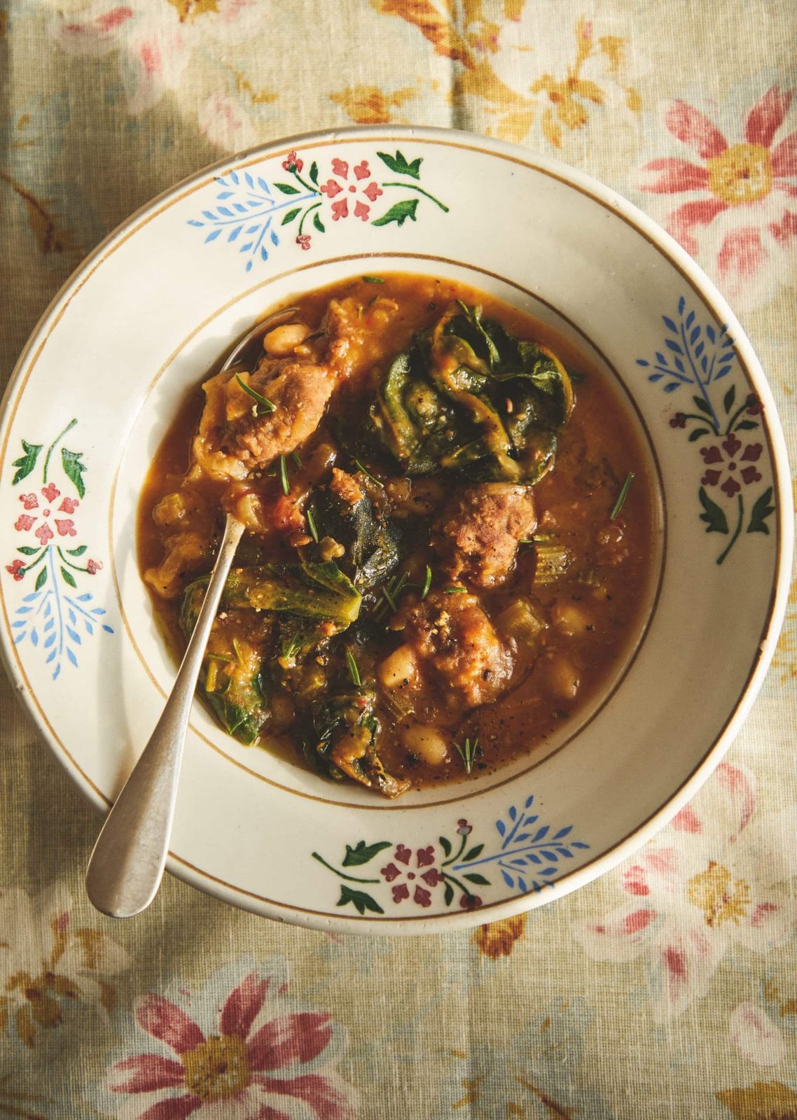 Sausage and White Bean Stew with Swiss Chard & Cinnamon