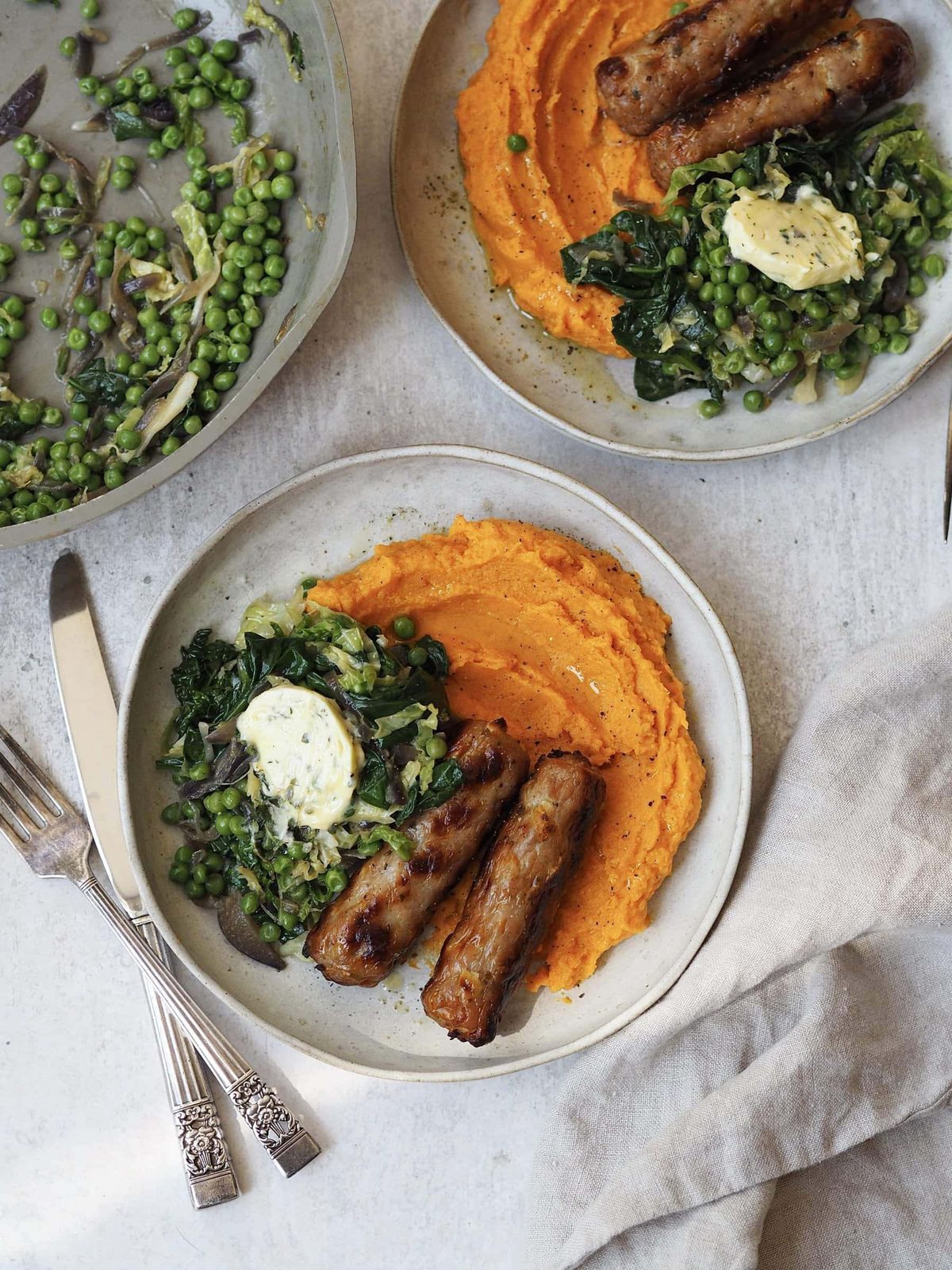 Sausages with Sweet Potato Mash and Wilted Greens
