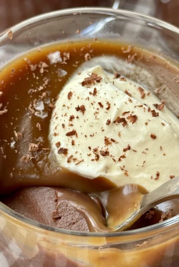 budino in a glass with creme fraiche.