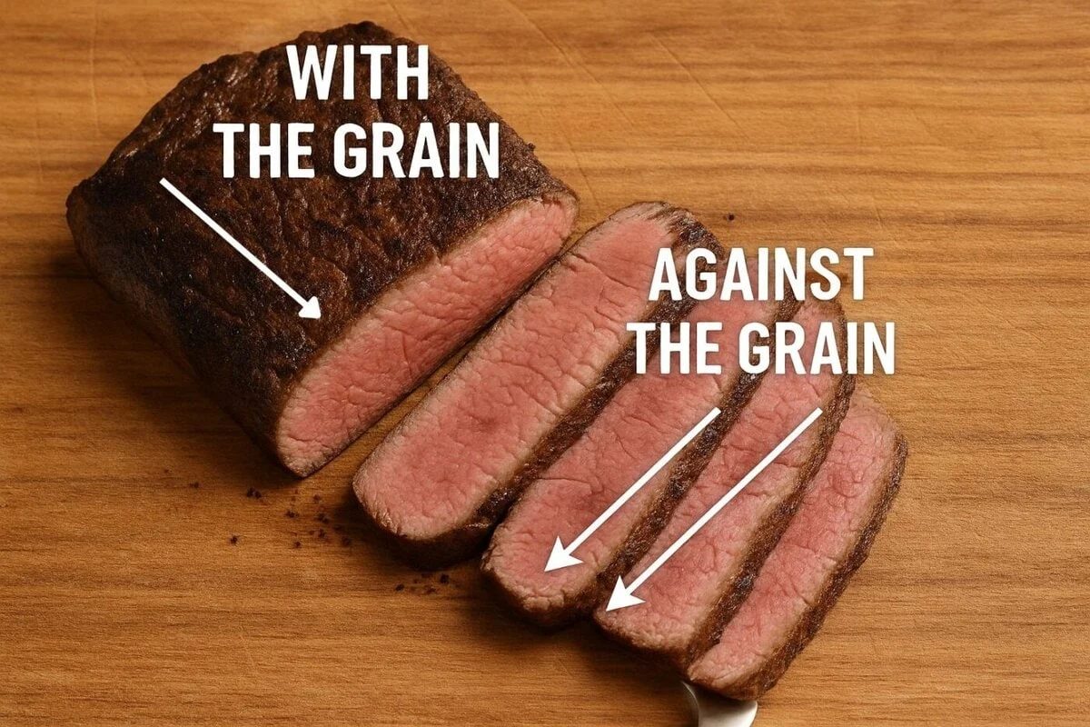 how to slice rump steak afainst the grain.