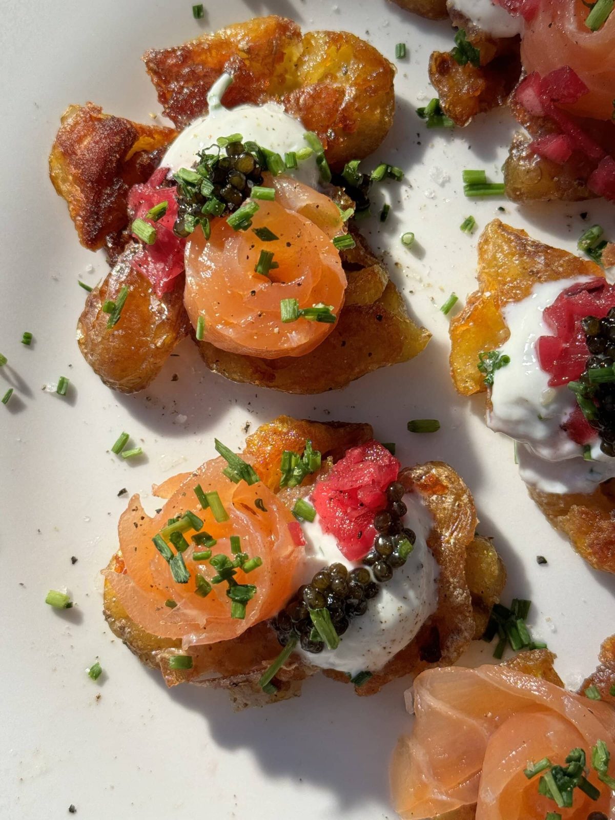 Smashed Potatoes with Crème Fraîche and Smoked Salmon