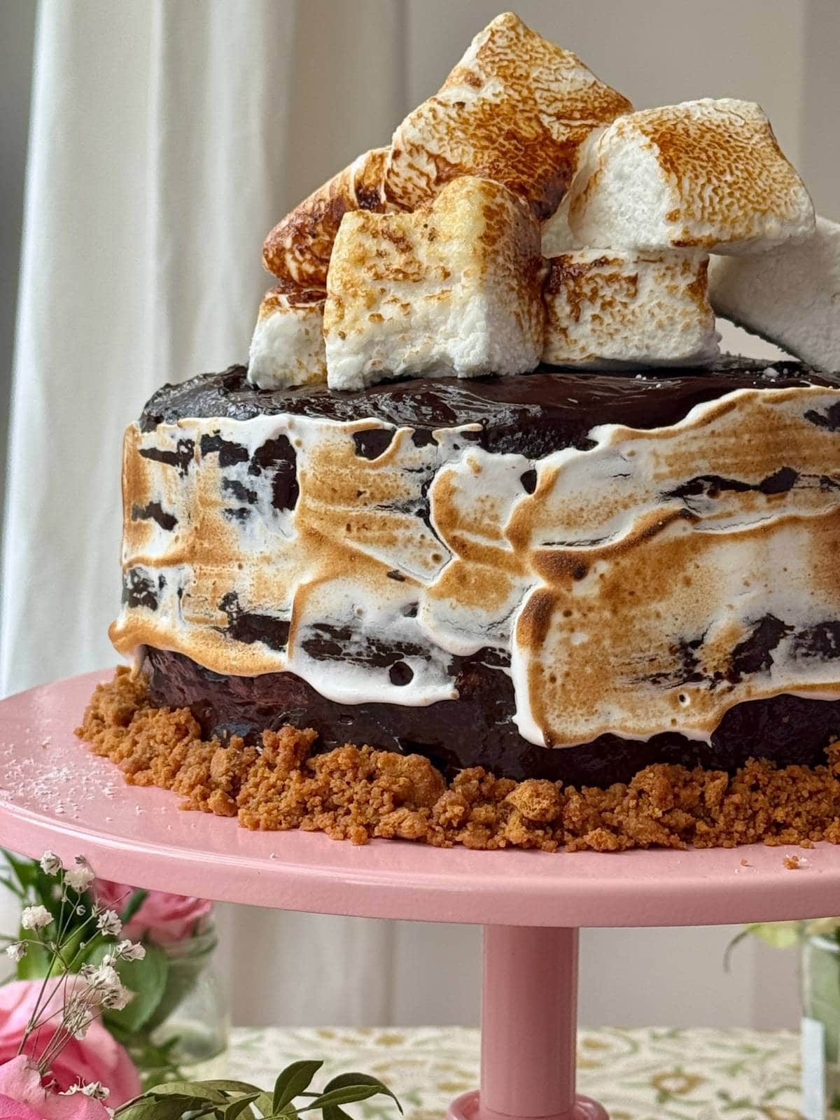 smores cake with marshmallows on top.