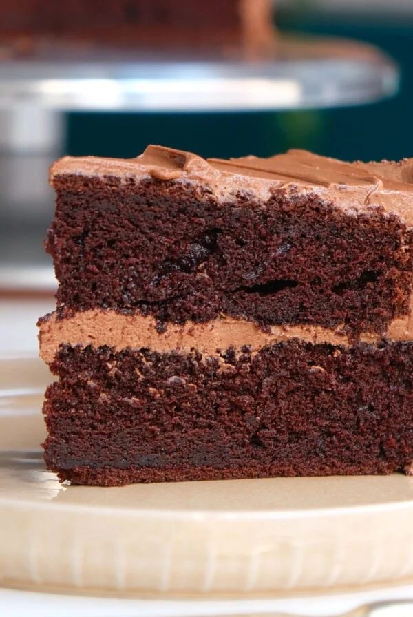 slice of chocolate fudge cake.