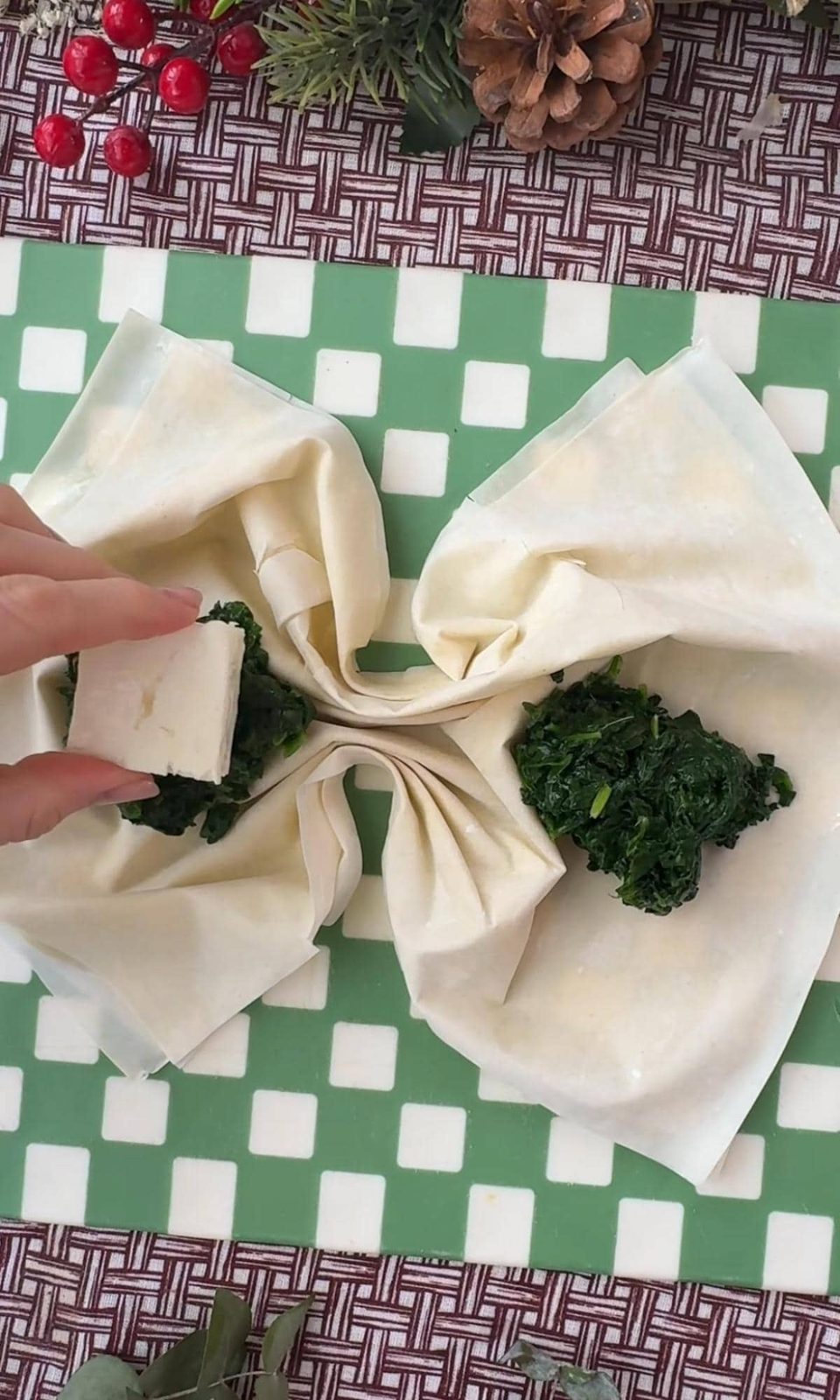 flilling filo with spinach feta.