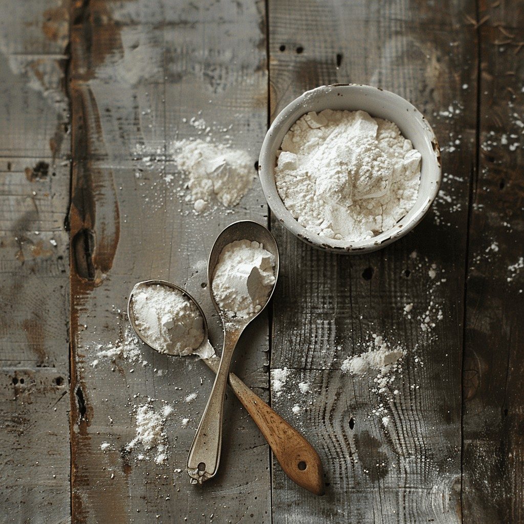 Cup of flour with two measuring spoons of flour