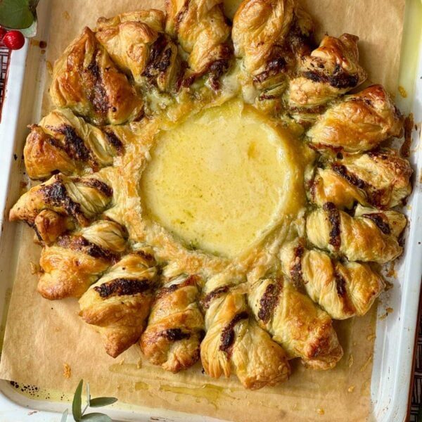 tarte soleil with pesto and melted brie.