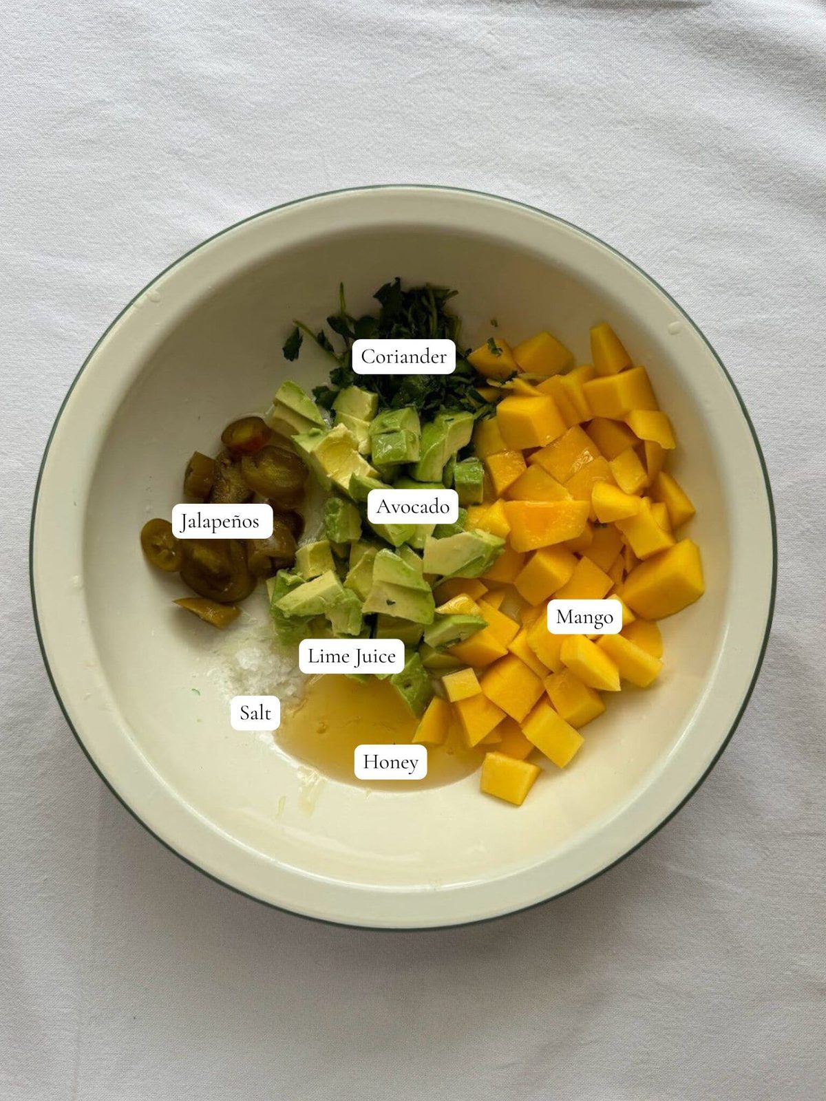 Mango avocado salsa ingredients in bowl.