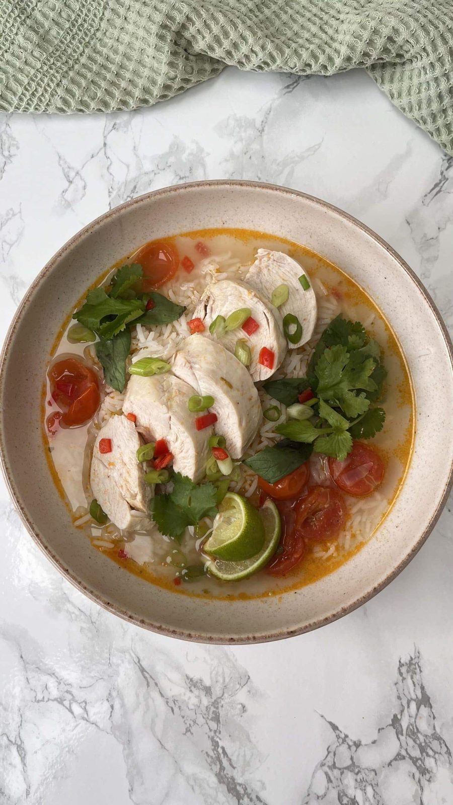 Fragrant Thai Chicken Soup with Rice and Cherry Tomatoes