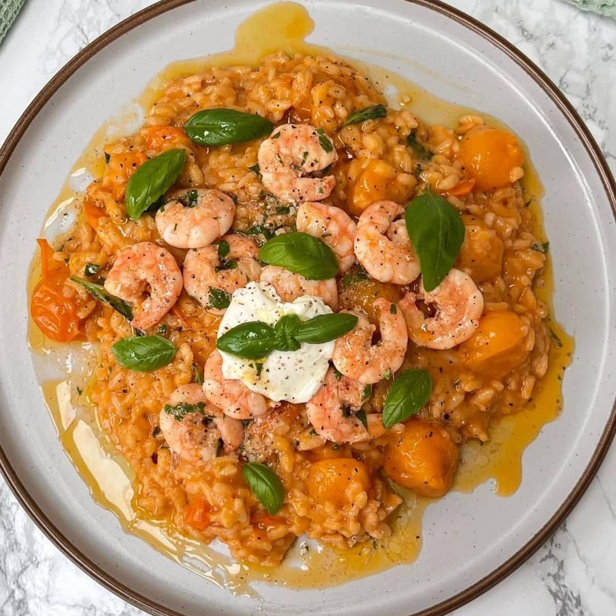 Tomato and Mascarpone Risotto With Garlic Butter Prawns