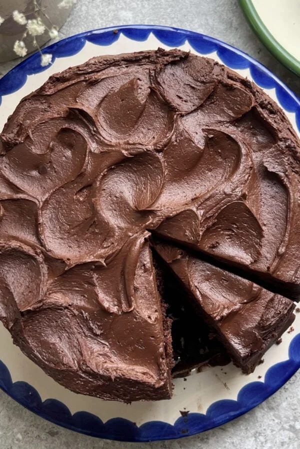 matilda's chocolate cake on a white plate with blue trim.