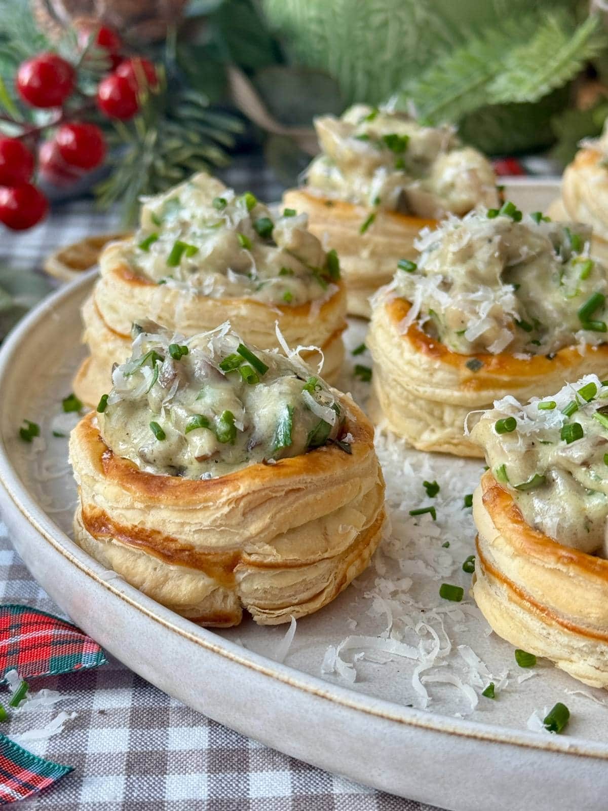 vol au vents on a white plate.