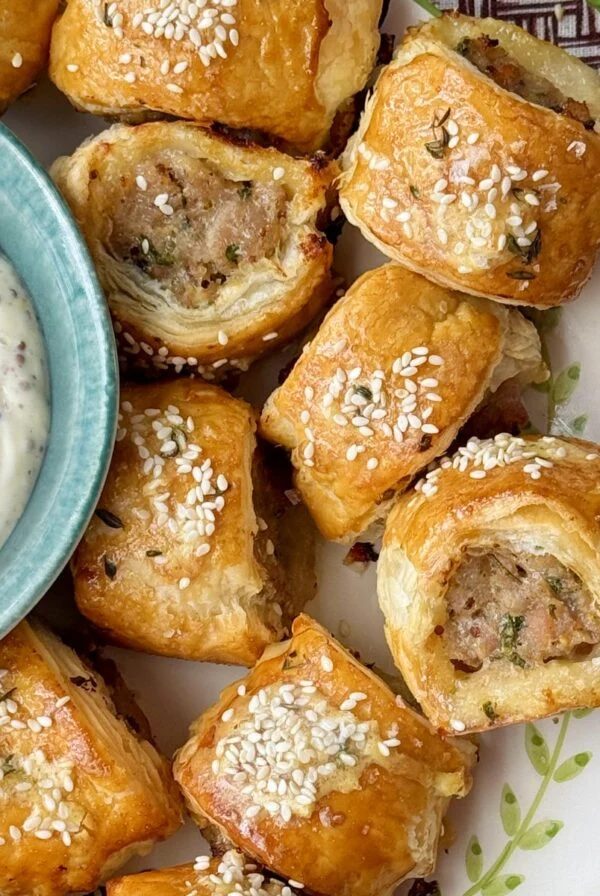 Easy sausage rolls on a plate.