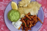 Struans Signature Tempura Cod with Sweet Potato Fries and Minted Peas