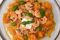 Velvet Tomato Mascarpone Risotto with Sizzling Garlic Prawns