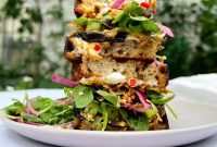 Crispy Miso Caramel Aubergine with Chilli-Infused Sour Cream, Pickled Onions and Rocket