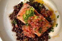 Butter-Kissed Salmon with Zesty Lentils, Garlic Yogurt & Fresh Tomato Salsa