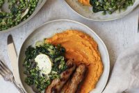 Savory Sausages with Golden Sweet Potato Mash and Tender Greens