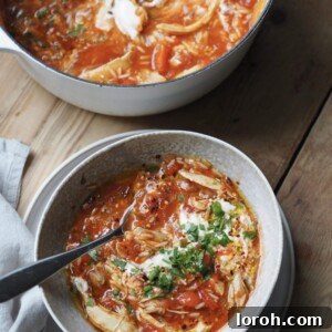 A close-up of a serving of Turkey and Rice Soup in a bowl, garnished with fresh herbs.