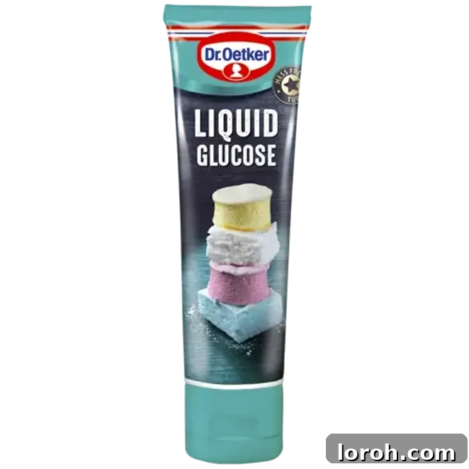 A bottle of Dr. Oetker Liquid Glucose, highlighting its role as a key ingredient for perfect homemade marshmallows.