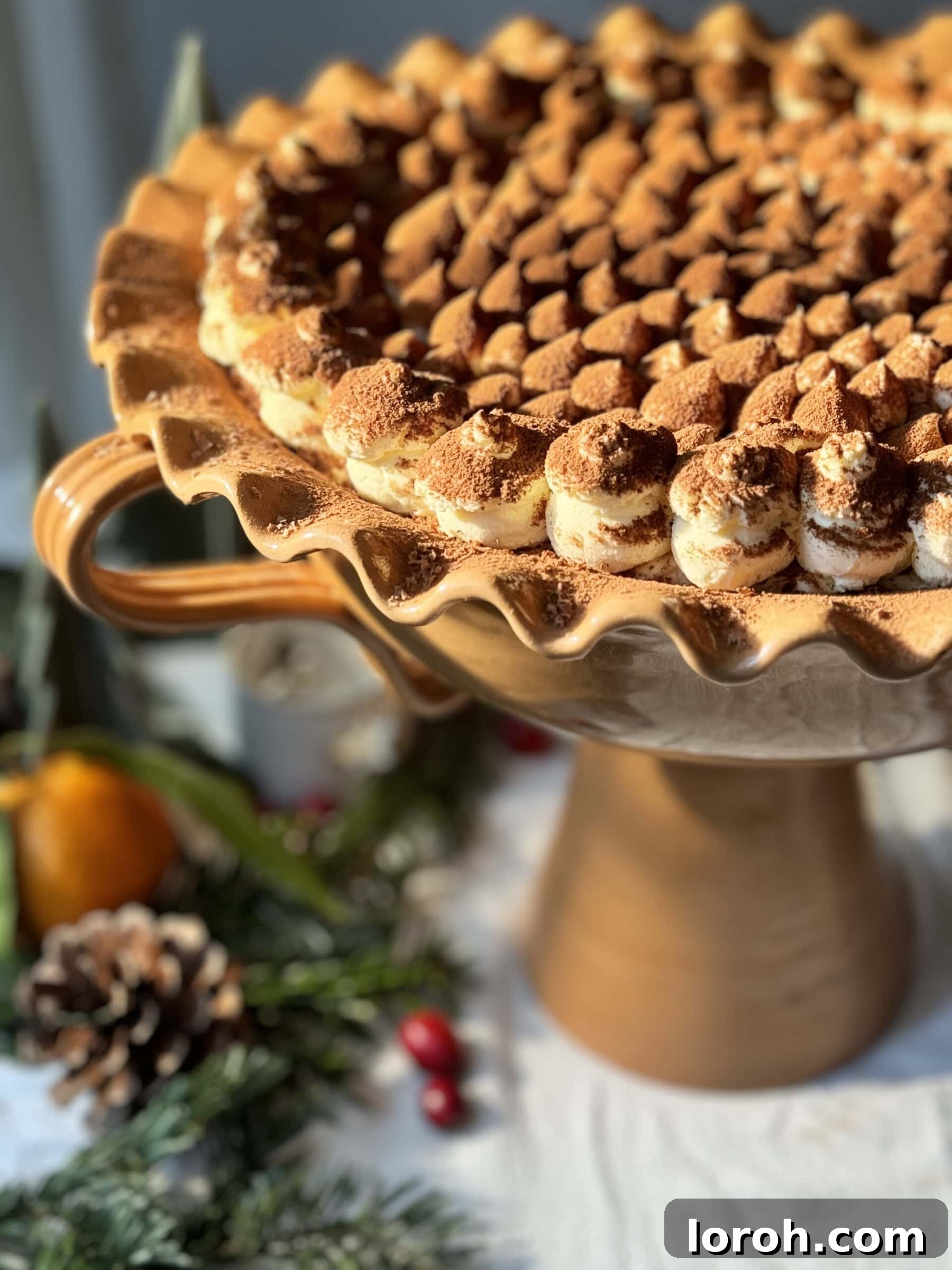 A large bowl of Panettone Tiramisu infused with Baileys, ready to be served, showcasing its creamy layers and cocoa dusting.