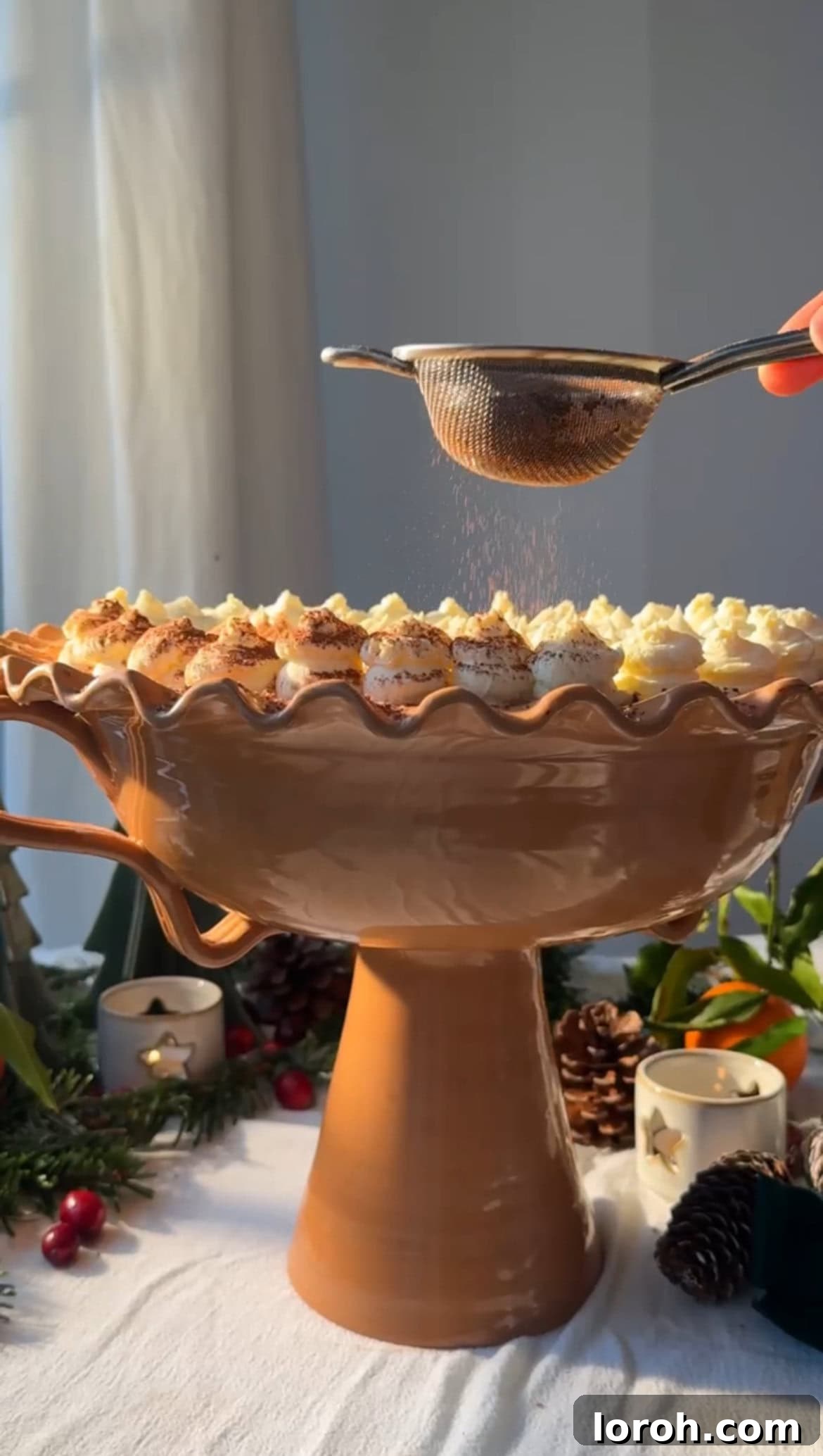 Dusting the finished Panettone Tiramisu with cocoa powder before chilling.