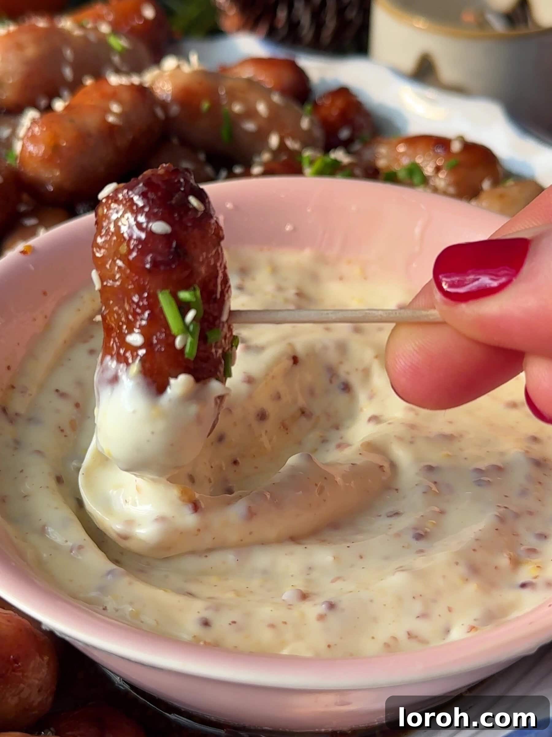 Dipping a sausage in mayo and mustard dip.