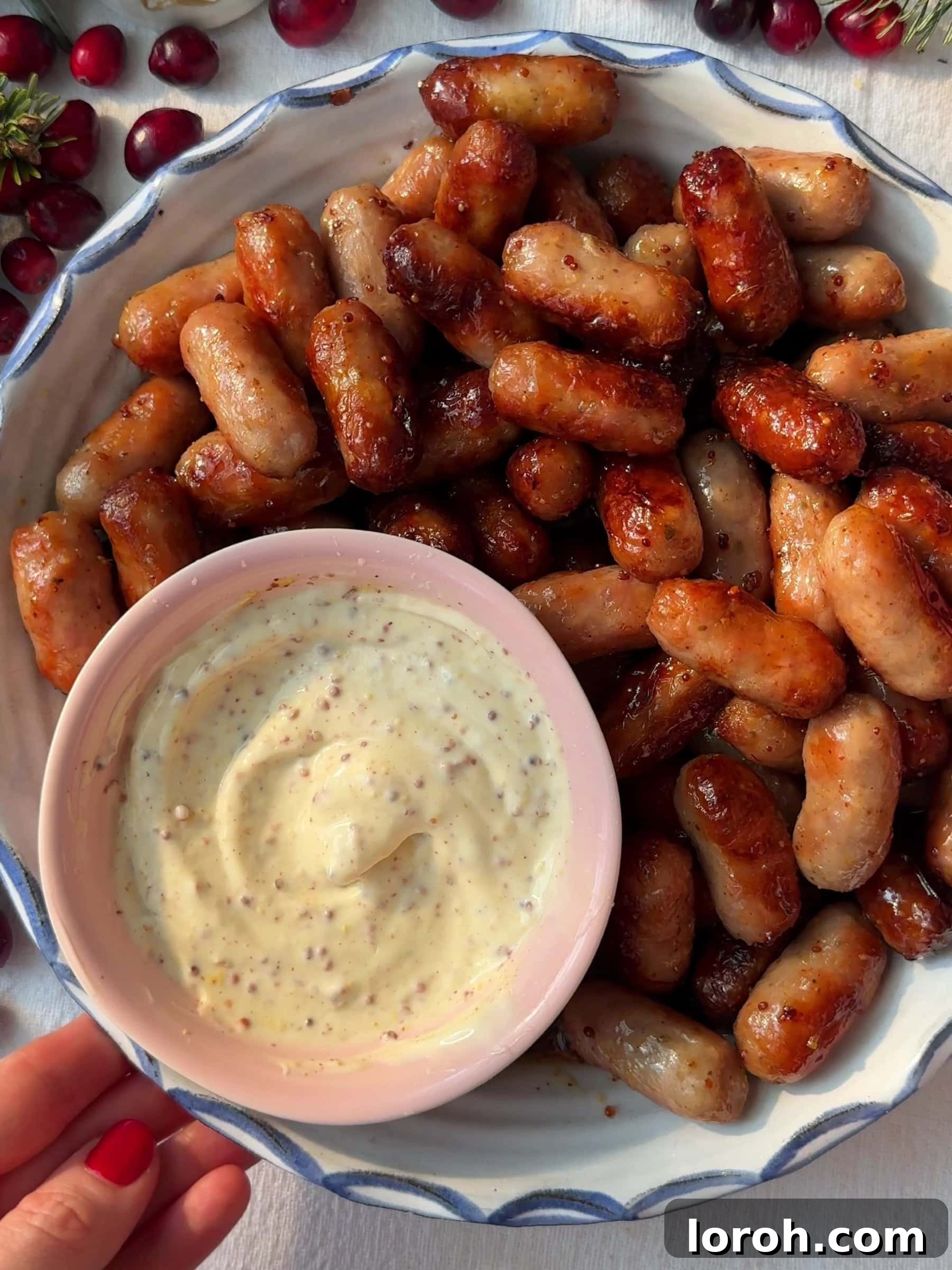 Honey Mustard Sausages in a serving dish with a bowl of dipping sauce.