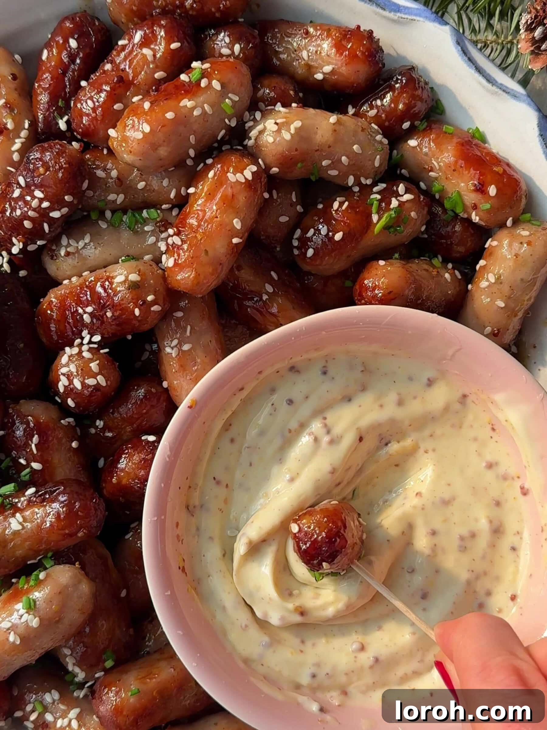 Dipping a sausage in a bowl 