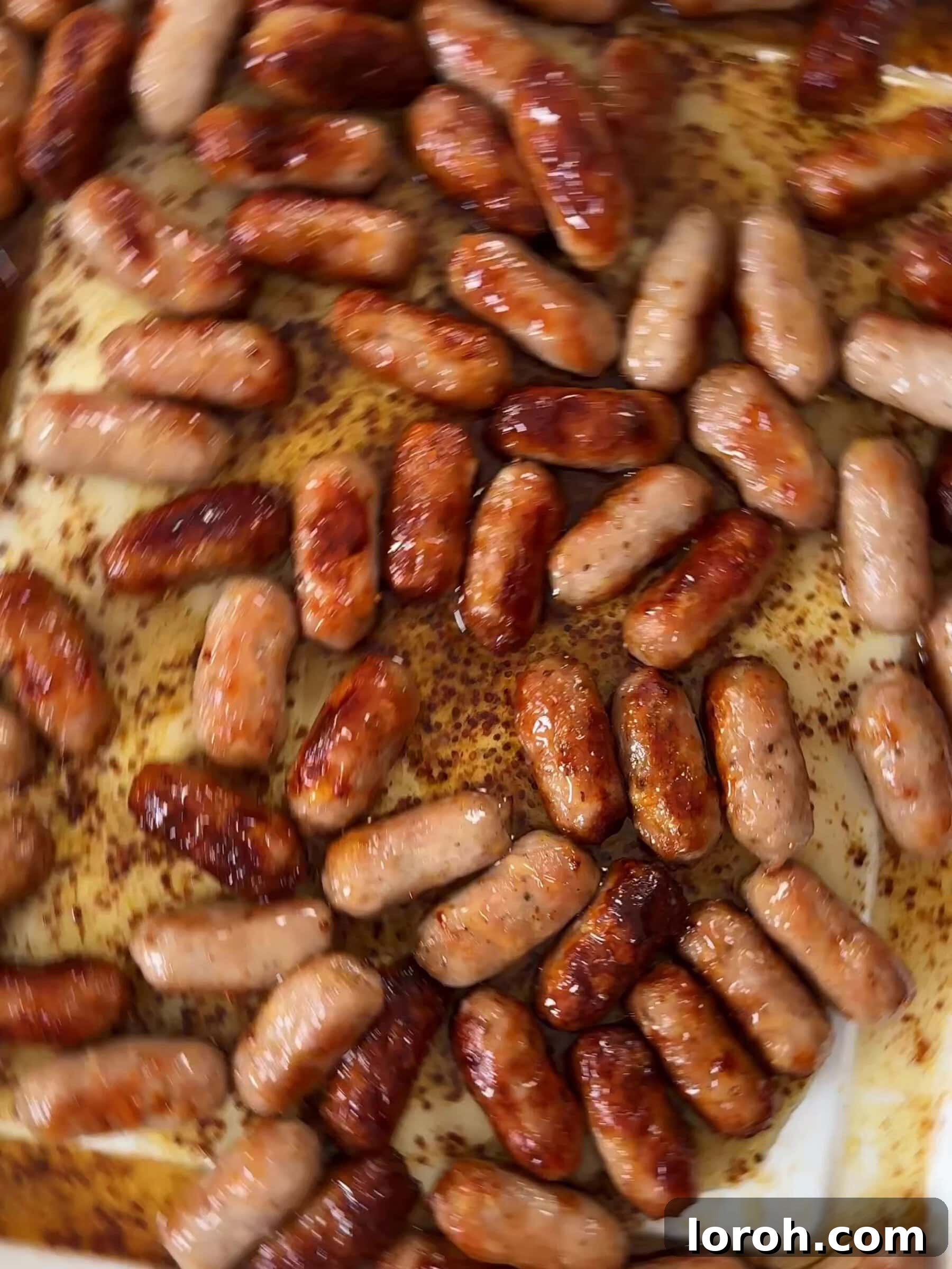 Fried sausages in a baking tin