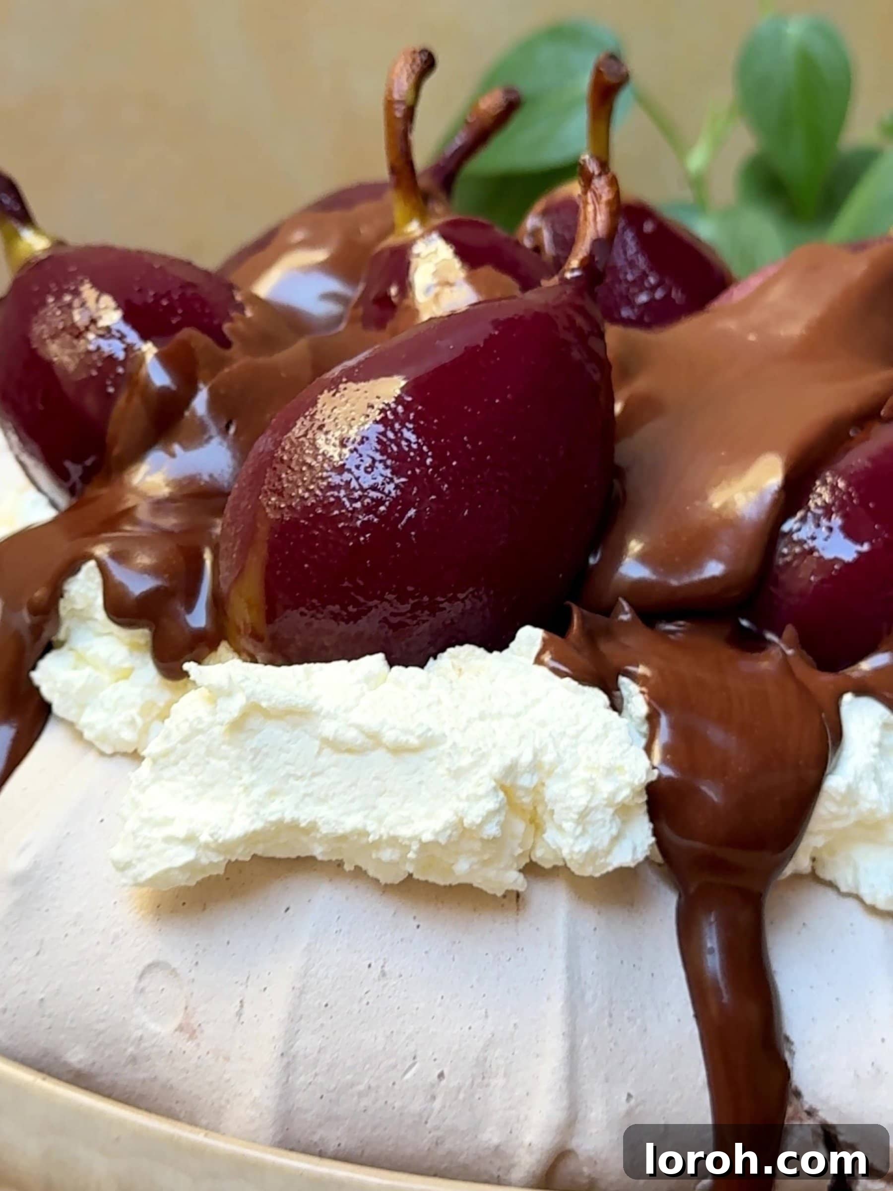 Holiday Spiced Pear Cloud 21 Pouring chocolate sauce over the pears