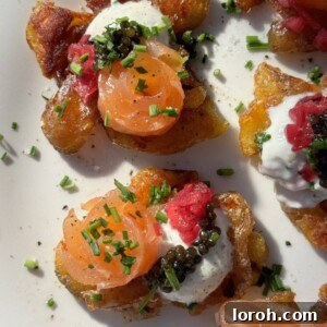 Smashed Potatoes with Crème Fraîche and Smoked Salmon.