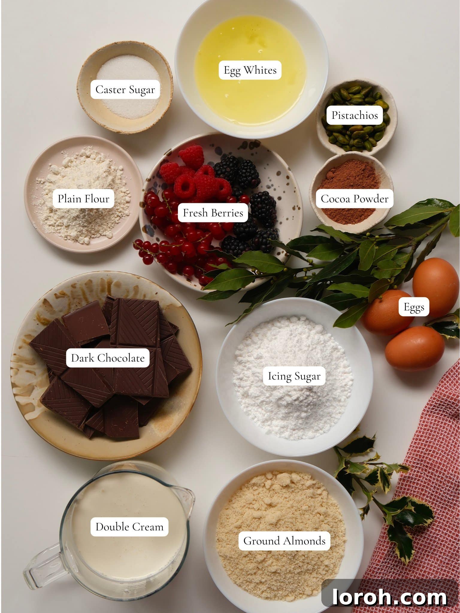 Winter Woodland Roll 4 labelled ingredients to make yule log cake.