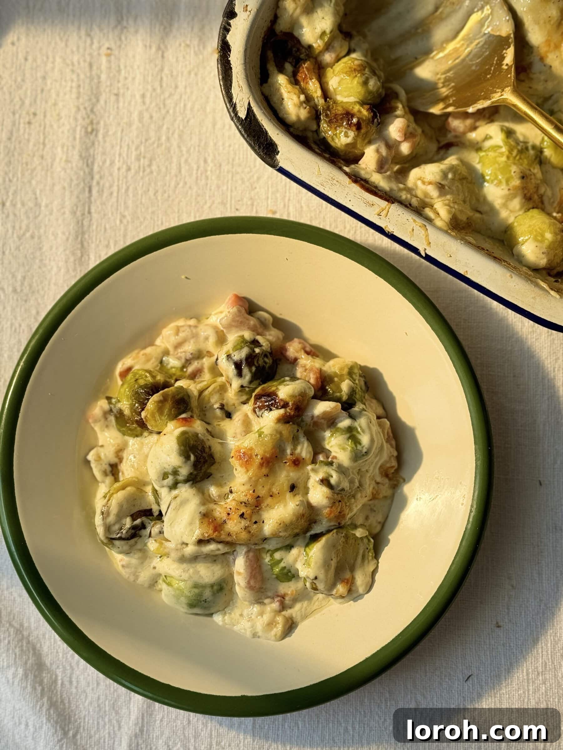 A generous serving of creamy Brussels sprouts with crispy pancetta on a sophisticated white plate with a green rim, garnished with fresh herbs, ready to be enjoyed.
