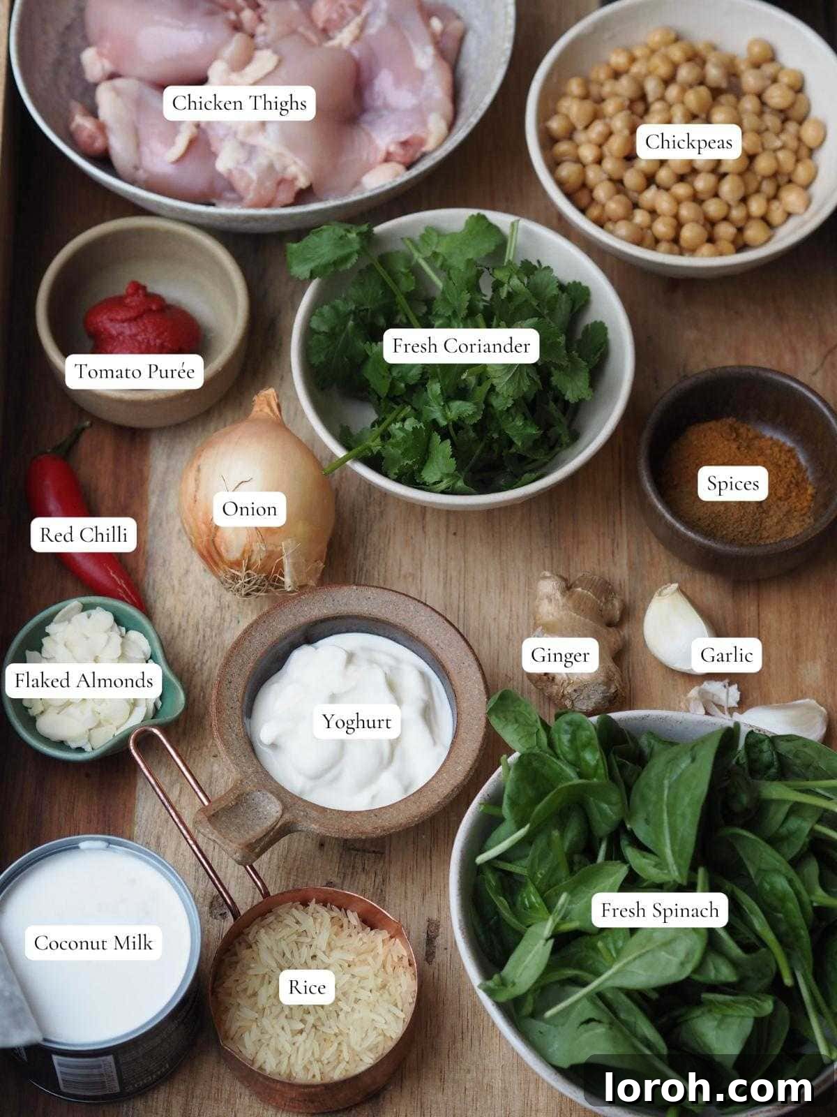 Golden Chicken & Chickpea Curry 3 labelled ingredients for chicken and chickpea curry.