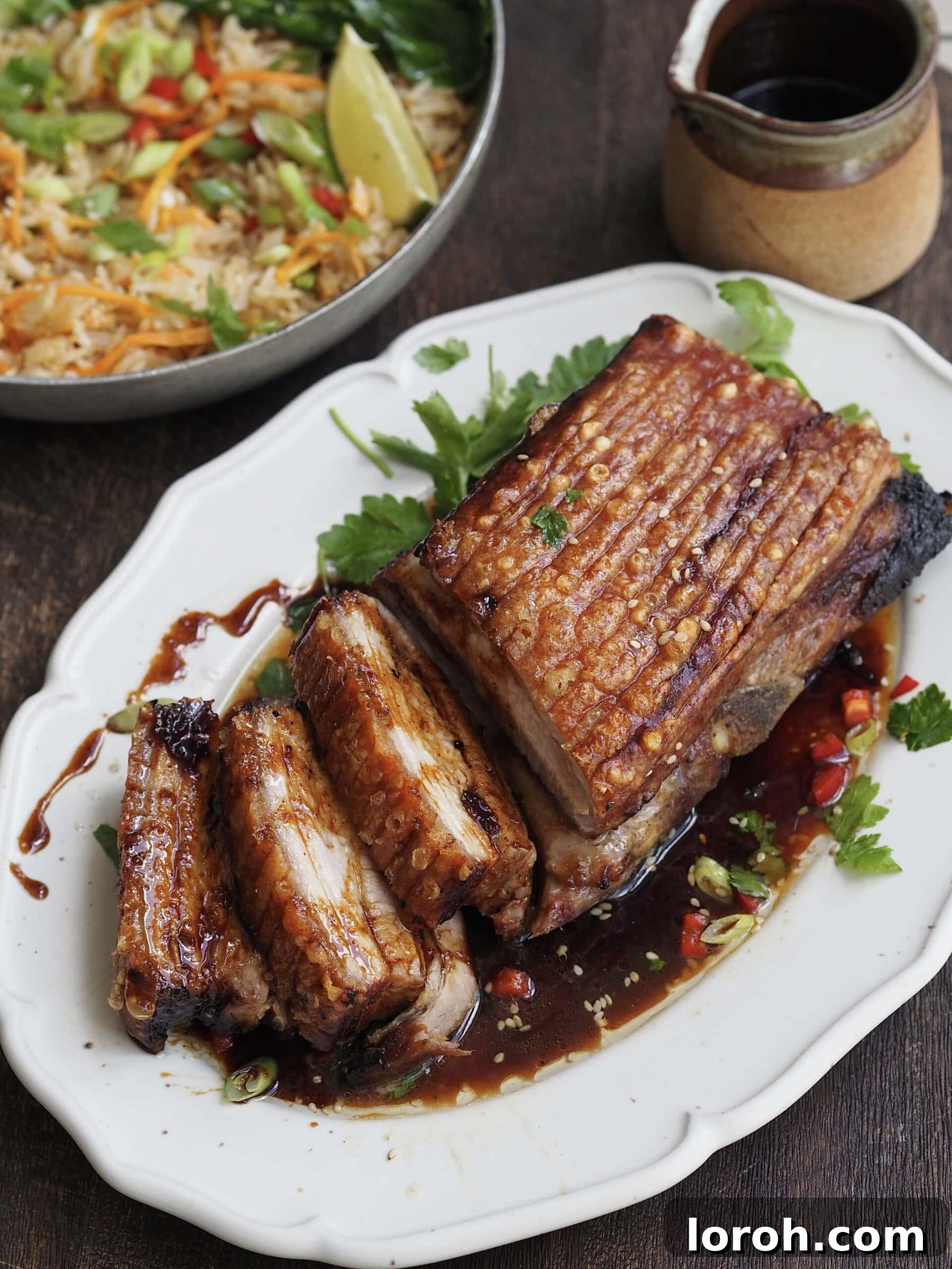 The finished air fryer pork belly, glistening with glaze.